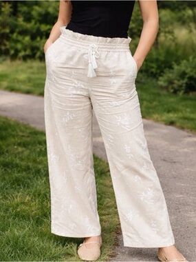 House of Harlow 1960 Cream Embroidered Wide-Leg Drawstring Pants